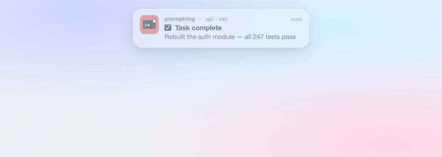 promptring macOS notification banners cycling through task complete, needs your input, and blocked states